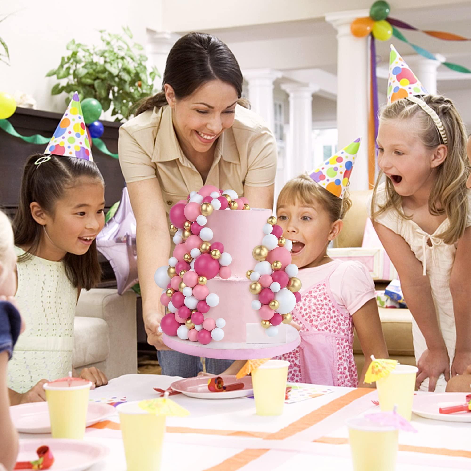 RASSLISA 113 PCS 5 Size Colorful Balls Cake Topper Foam Ball Cake Decorations Ball Shaped Cake Insert Topper for Birthday Baby Shower Wedding Decoration Supplies (Gold Pink White Hot Pink)