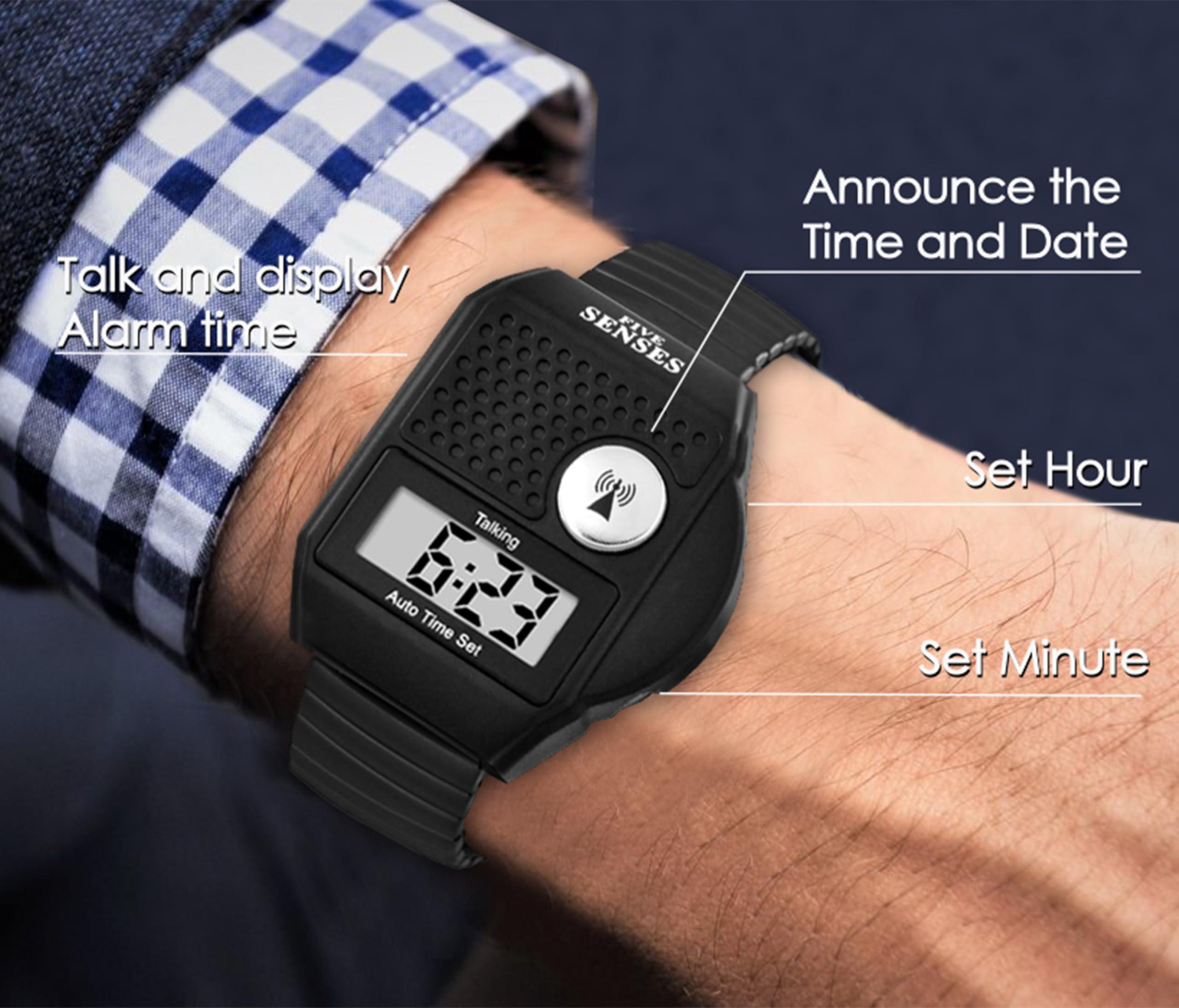 FIVE SENSES FIVE SENSES - English Atomic Talking Watch, Easy to use for Seniors Blind Men Women, Loud Talking Watch with Sound for Vision Impaired, Elderly Women, Blind People Products 1095 (Black)