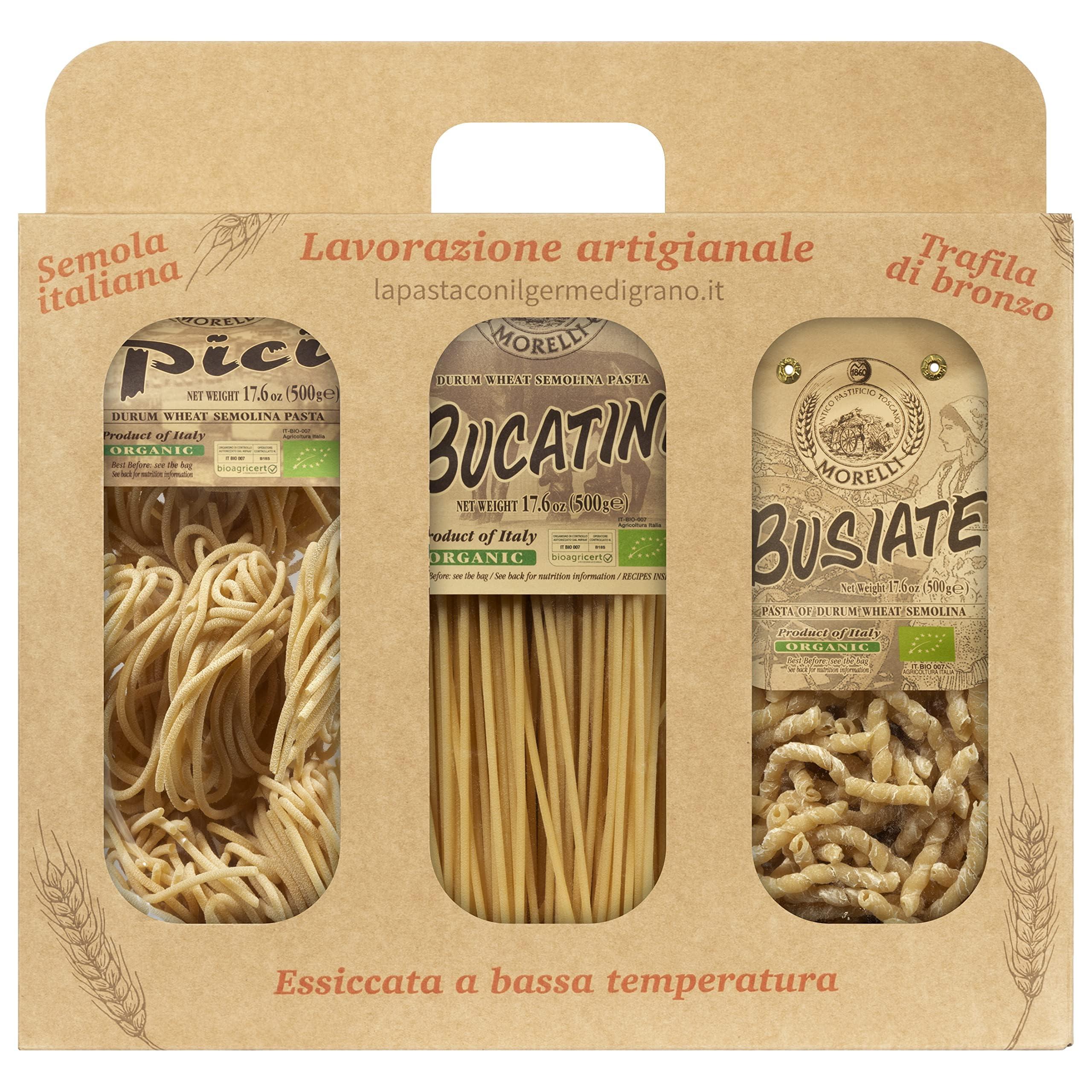 ANTICO PASTIFICIO MORELLI 1860 PASTA AL GERME DI G Morelli Busiate, Pici, and Bucatini Organic Pasta Variety Pack - Imported Italian Pasta Sampler - Specialty Assortment Includes Three-17.6 oz Packages of Gourmet Pasta from Italy