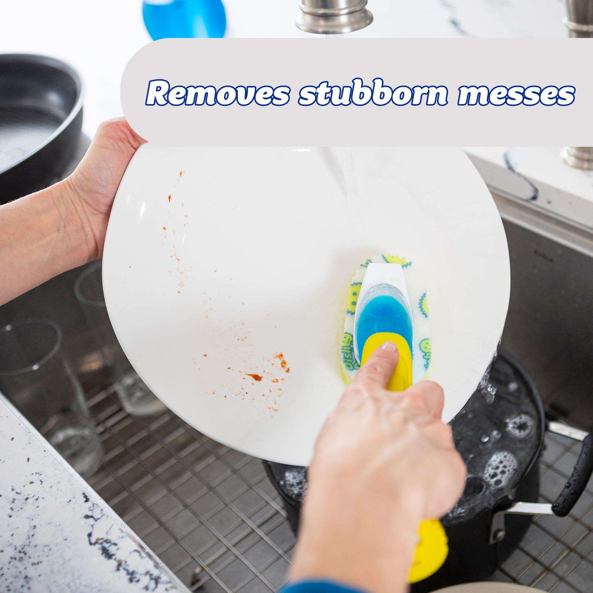 Scrub Daddy Scrub Daddy Dish Daddy Dish Wand & Refill Heads, Soap Dispensing Dish Brush, Texture Changing Washing Up Sponge With Liquid Handle, Dish Sponge with Built-in Scraper & Scrubbing Head, Drip stand, Blue