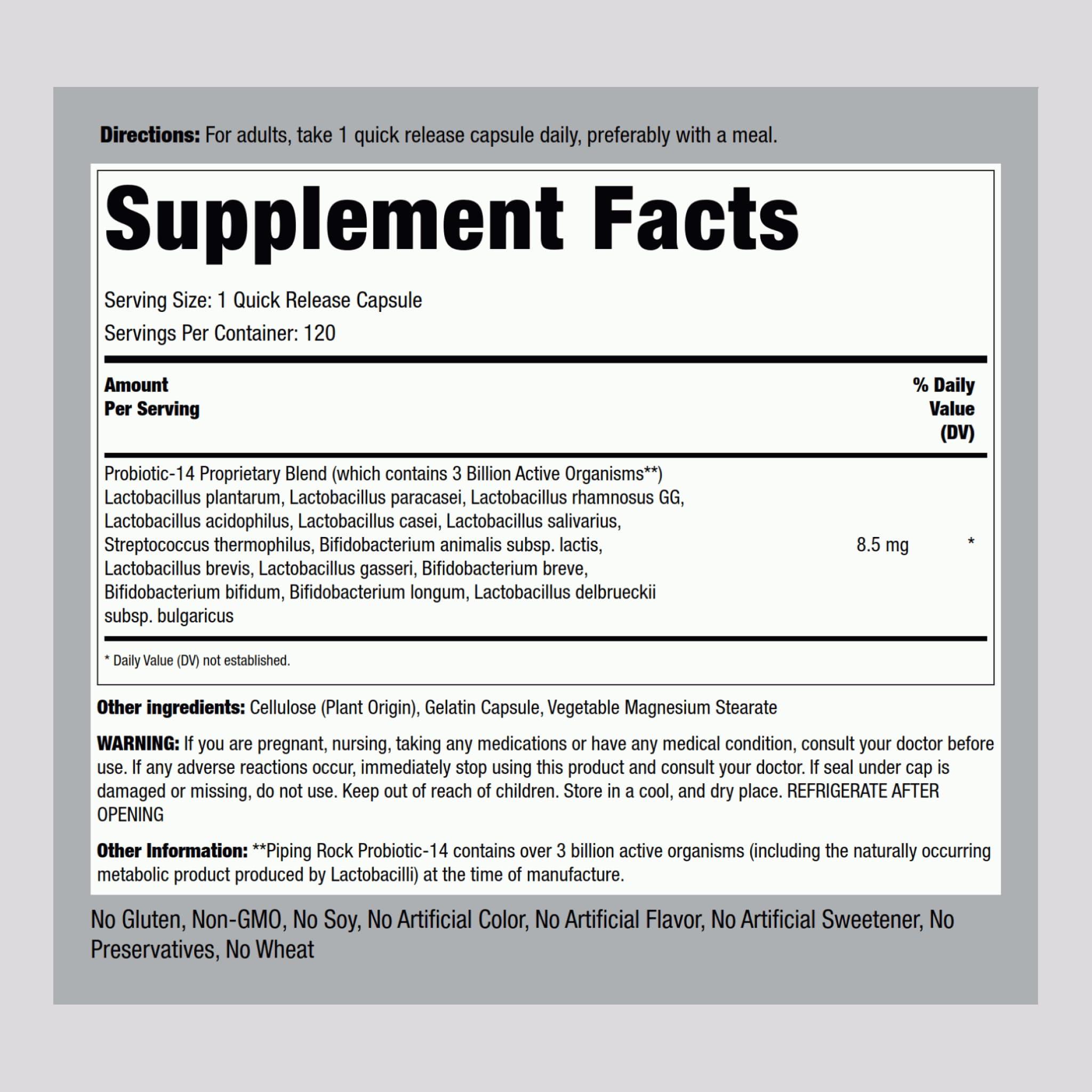 Piping Rock Piping Rock Probiotic Acidophilus Capsules for Women and Men | 3 Billion Live Cultures | 120 Pills | 14 Strains Supplement | Non-GMO, Gluten Free