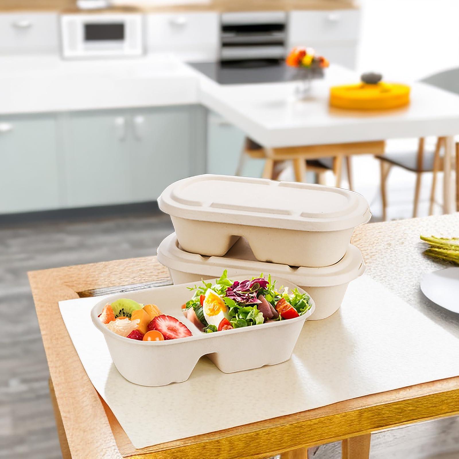 Yesland Yesland 50 Pcs Compostable Take Out Food Containers with Lid, 33 oz Bagasse to Go Container 2 Compartment Rectangular Disposable Paper Bowl, Meal Prep Food Container for Salad Leftovers