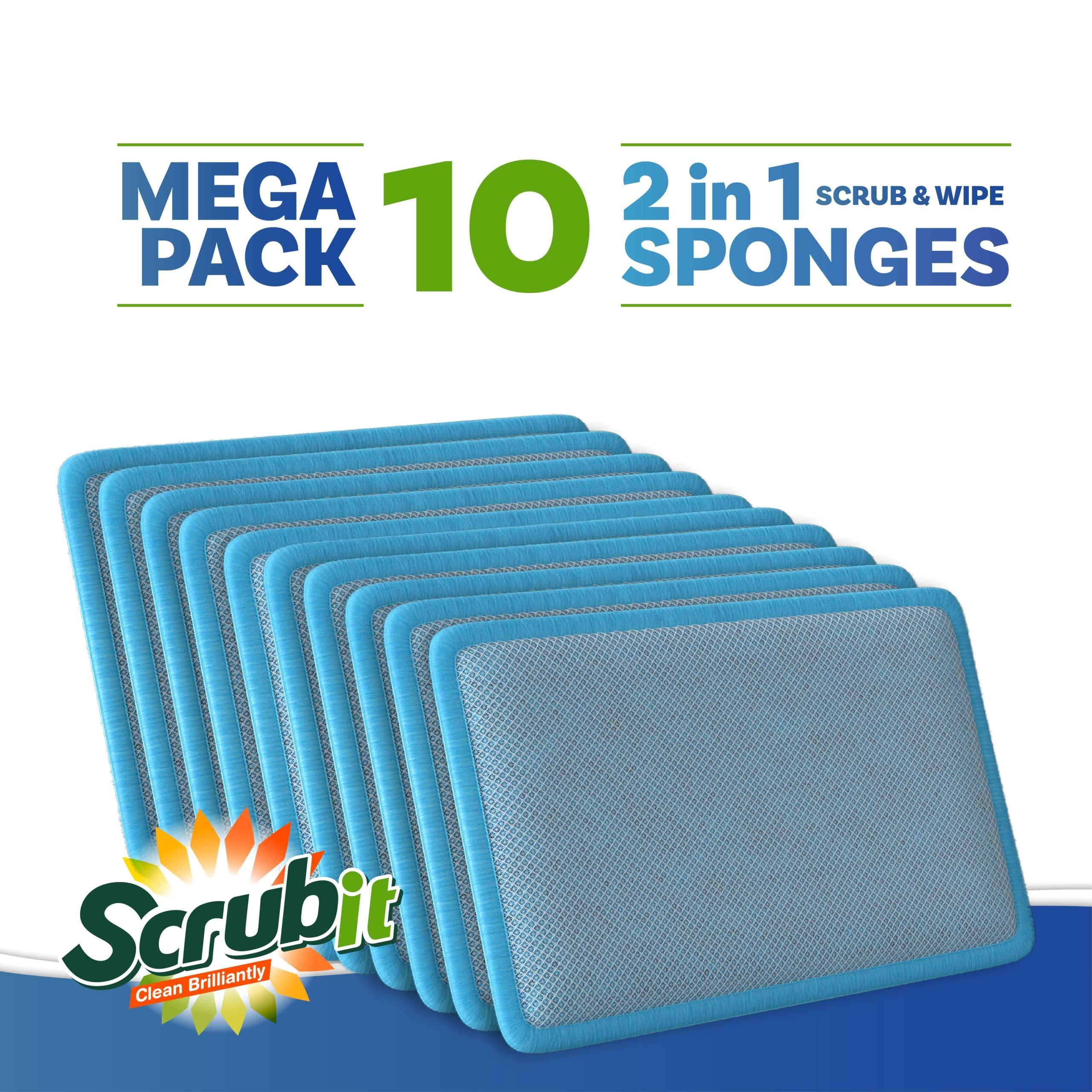 SCRUBIT Scrub and Wipe Cleaning Sponges [10 Pack] SCRUBIT Dual Sided Scouring Pad and Sponge - Reusable Kitchen Scrubbing Sponges for Dishes, Pots, Pans Utensils & Non-Stick Cookware (Blue)