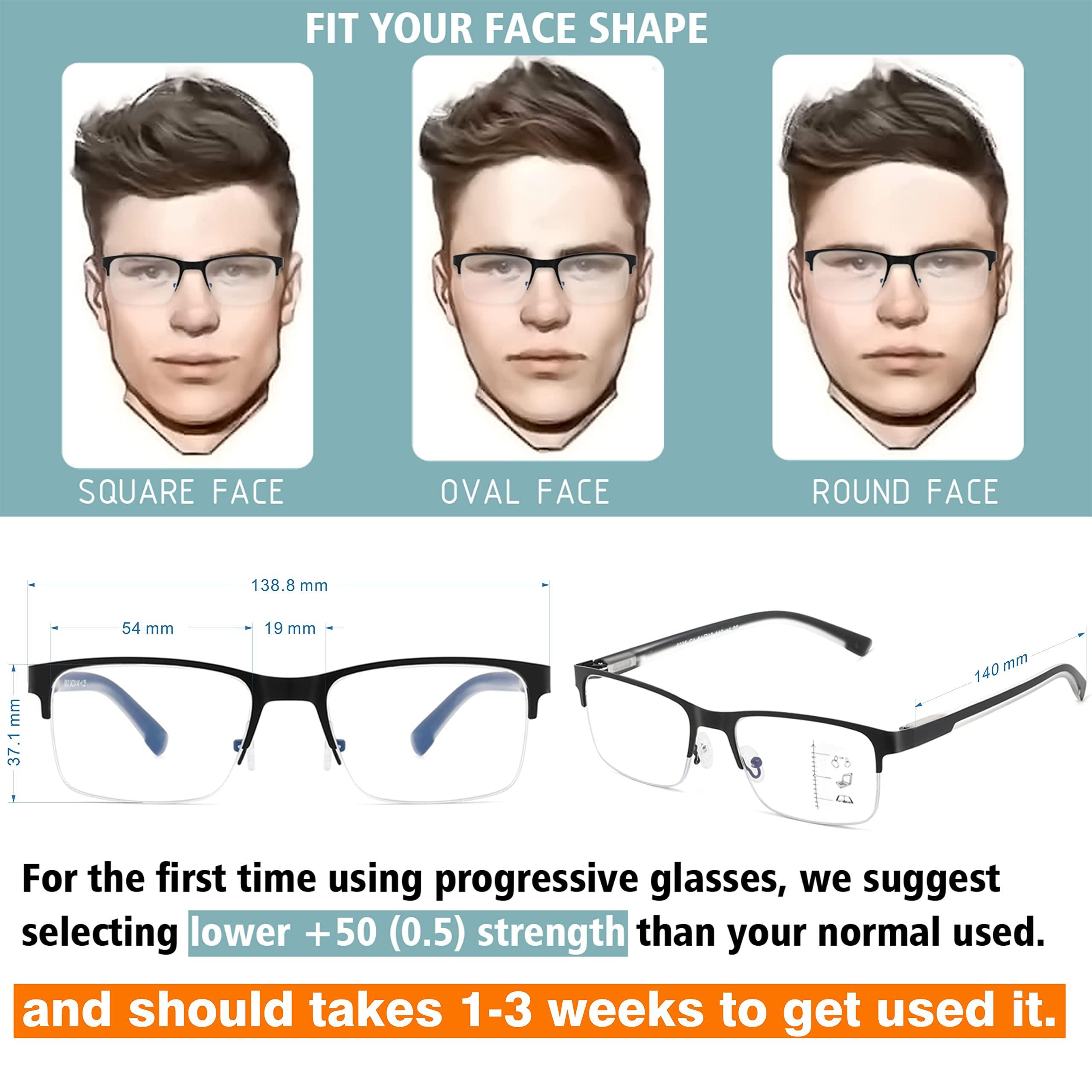 SUNAMOY Multifocus Reading Glasses Men Progressive Multifocal Blue Light Computer Reader Half Frame Metal Extra Wide Eyeglasses No Line Bifocals Large Designer Cheaters Transition Square Eyewear 2packs 1.25