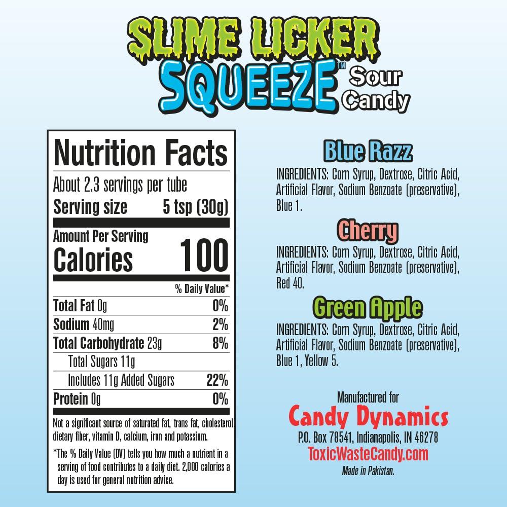TOXIC WASTE Toxic Waste - Slime Licker Squeeze - Sour Squeeze Slime Candy - Green Apple, Blue Razz, & Cherry Flavors - 2.47 oz. Tubes - 3-Pack