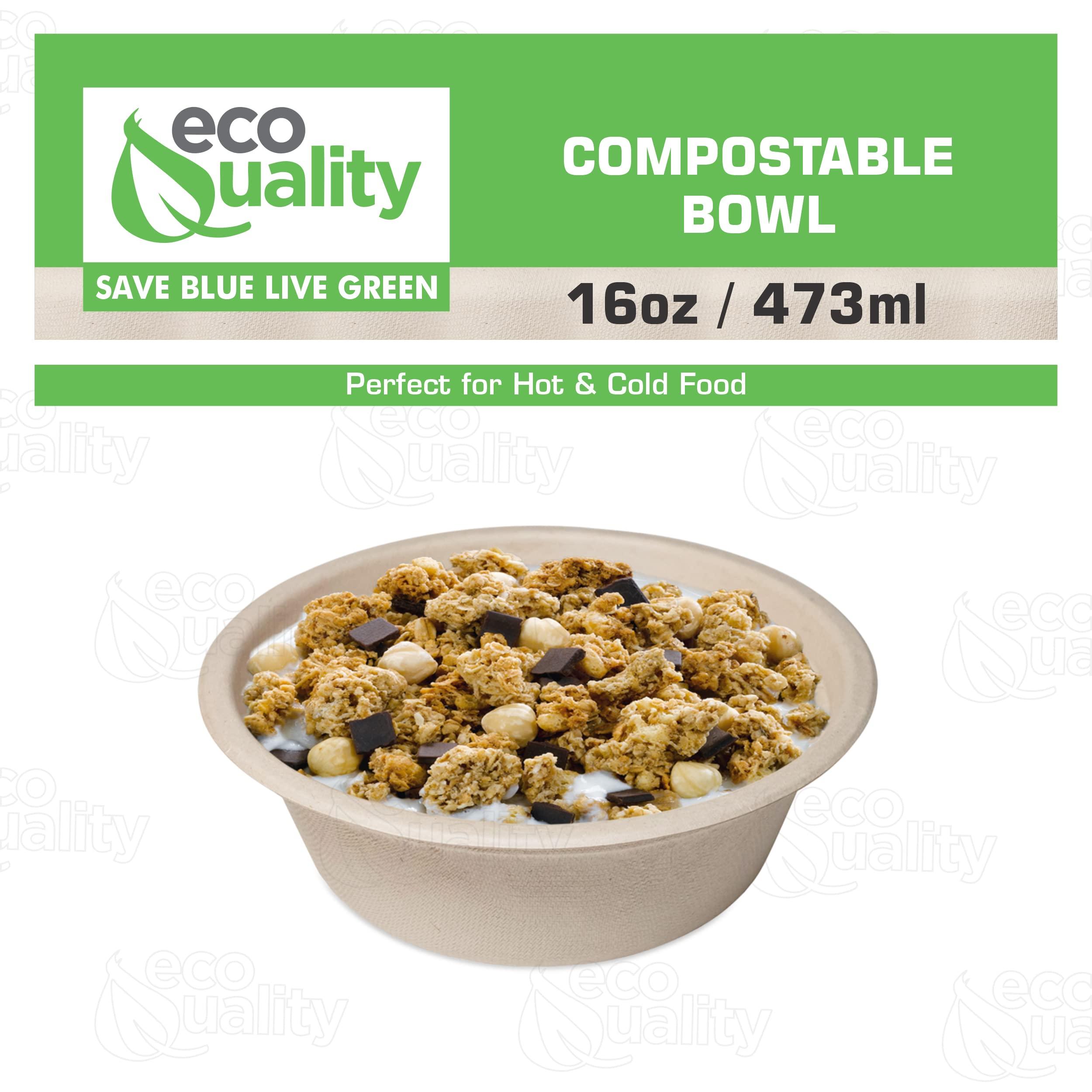 EcoQuality [150 Pack] 16 oz Compostable Paper Bowls Heavy-Duty Disposable Bowls, Eco-Friendly Natural Bagasse Unbleached, Hot or Cold Use, 100% Biodegradable Soup Bowls Sugarcane