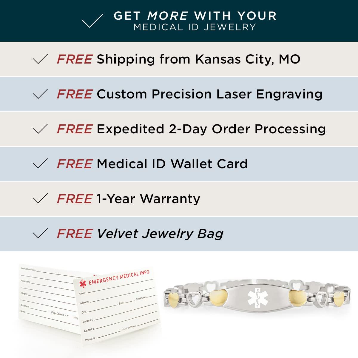 Lauren's Hope Medical Alert Bracelets For Women, Stainless Steel Gold and Silver Heart Link Bracelet, Free Custom Engraving, 1 Year Warranty, Stylish and Waterproof, Lauren\'s Hope Medical ID, 7.5 inch, no gemstone