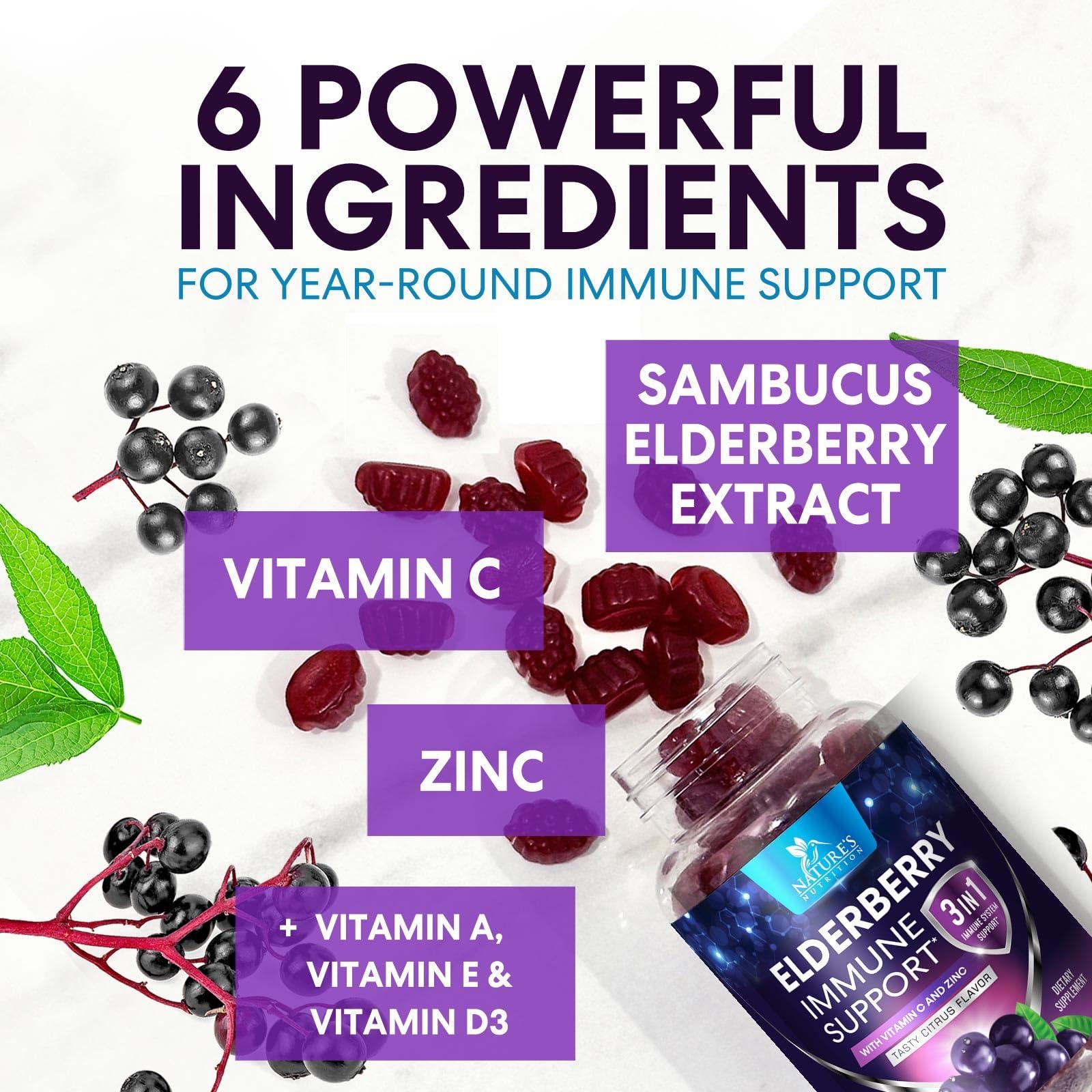 Nature's Nutrition Sambucus Elderberry Immune Gummies, Daily Elderberry Immune Support Vitamins with Vitamin C, Vitamin D3, Zinc, Immune Support Gummy Vitamin Supplement, Black Elderberry for Adults & Kid - 120 Gummies