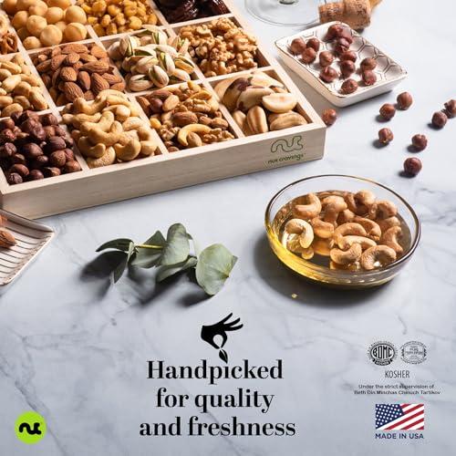 Nut Cravings NUT CRAVINGS Gourmet Collection - Thank You Nuts Gift Basket with TY Ribbon + Greeting Card in Reusable Wooden Tray (12 Assortments) Food Platter Appreciation Care Package Kosher