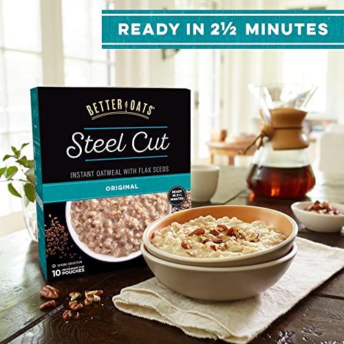 Better Oats Better Oats Original Steel Cut Oatmeal Packets, Instant Oatmeal Packets with Steel Cut Oats and Flax Seeds, Quick Oatmeal Pouches Ready in 2.5 Minutes, Original Flavor, Pack of 10, 11.6 OZ Pack