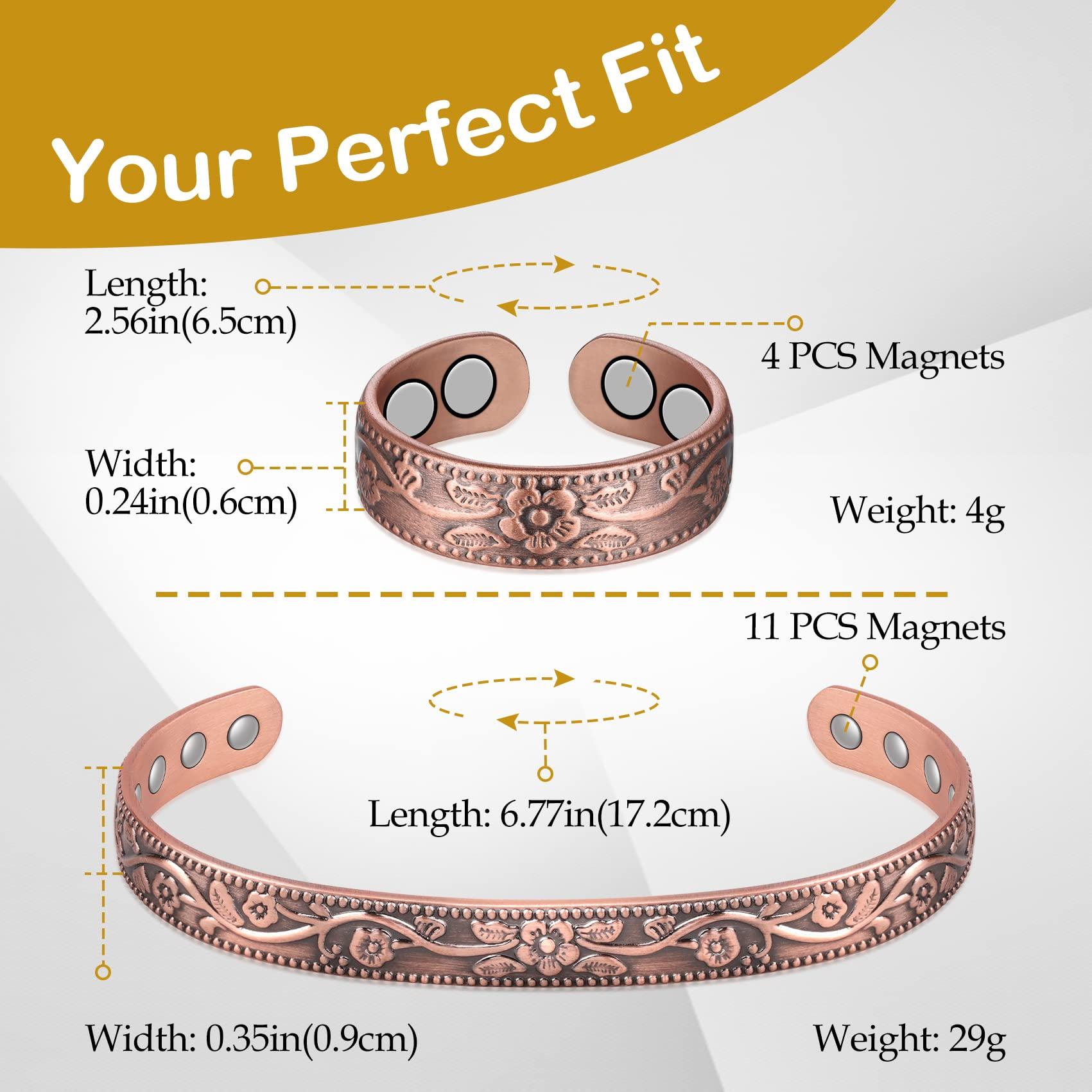 Feraco Feraco Copper Bracelet & Lymphatic Drainage Rings for Women, Vintage Flower Copper Magnetic Cuff Bangle, 99.99% Pure Copper with Neodymium Magnets, Adjustable with Gift Box