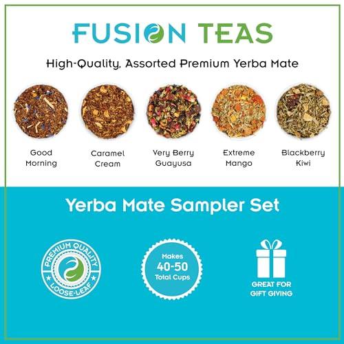 Fusion Teas Yerba Mate Sampler Set, An Assortment of 5 High-Energy Yerba Mate Infusions including Roasted and Green Yerba Mate Varieties and Our Popular Very Berry Guayusa, Each Sample Makes About 8 Cups - Good Morning Mate, Caramel Cream Yerba Mate, Very Berry