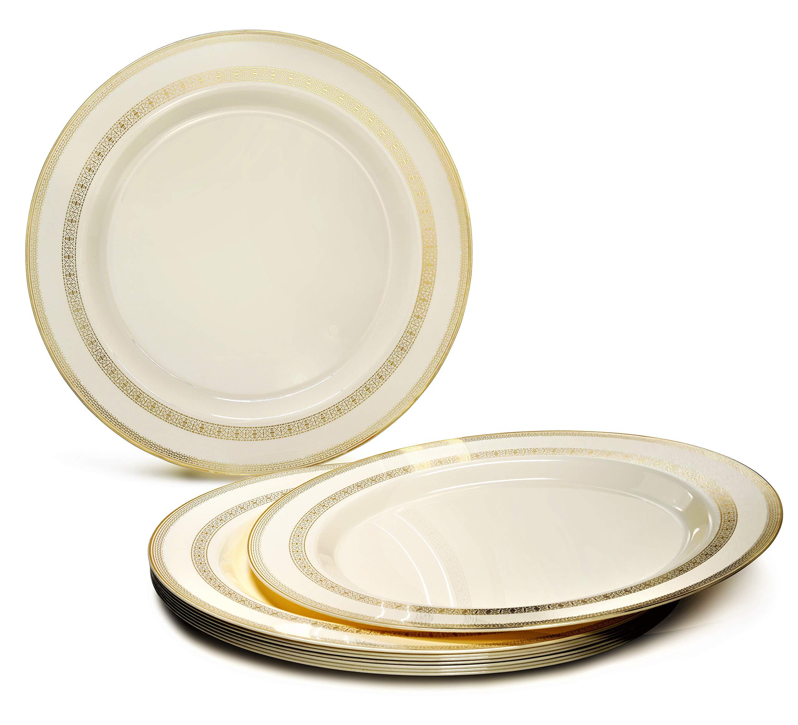 OCCASIONS FINEST PLASTIC TABLEWARE " OCCASIONS " 150pcs set (25 Guests)-Wedding Plastic Plates & cutlery -Disposable heavyweight Dinnerware 10.5'', 7.5'' + Silverware w/double fork (Lace Ivory & Gold)