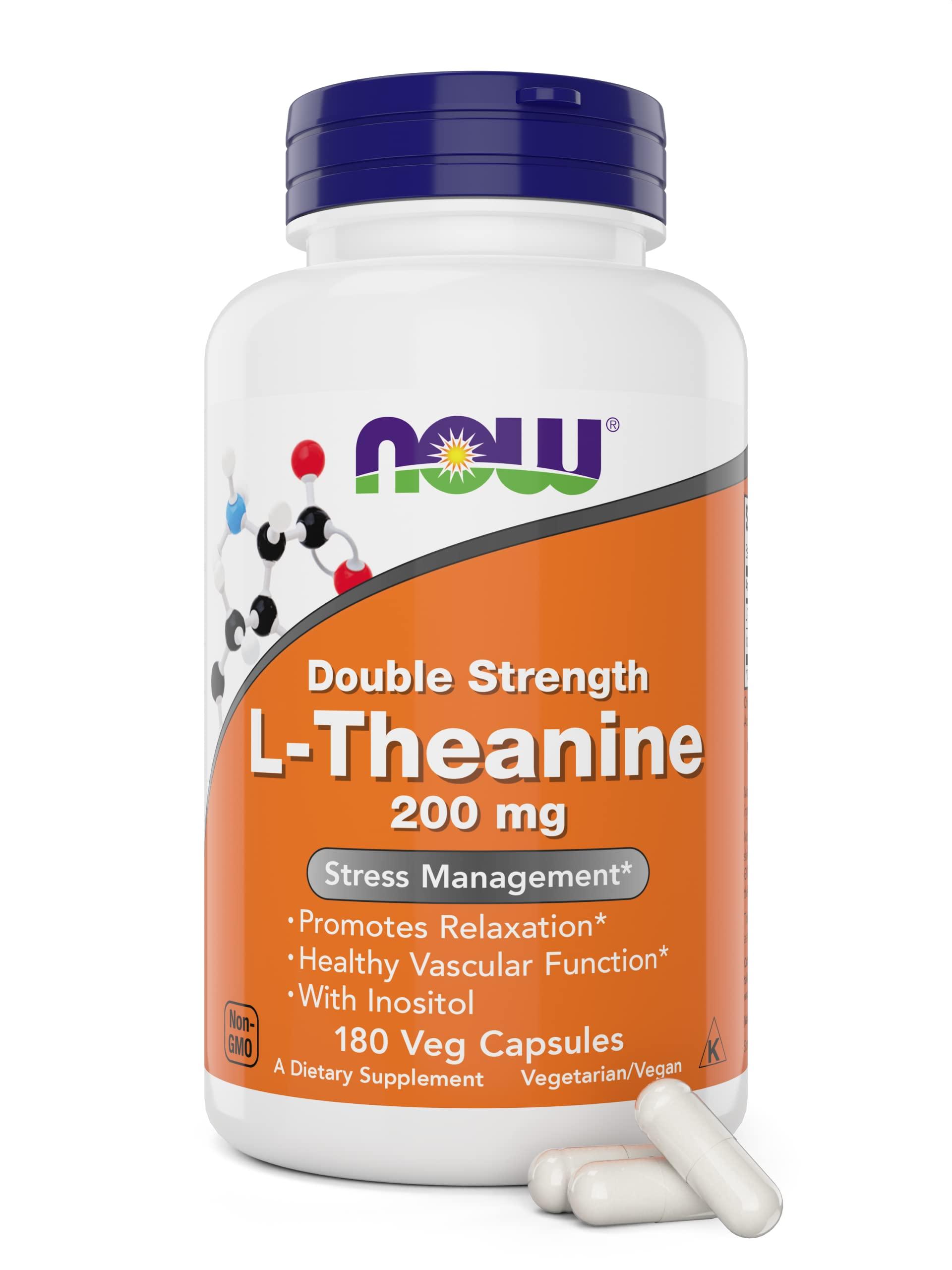 Now Now Foods L-Theanine, Double Strength 200 mg Per Cap - 180 Veg Capsules - Enhanced with 100mg Inositol - Vegetarian, Non-GMO - Ltheanine 200mg Supplement