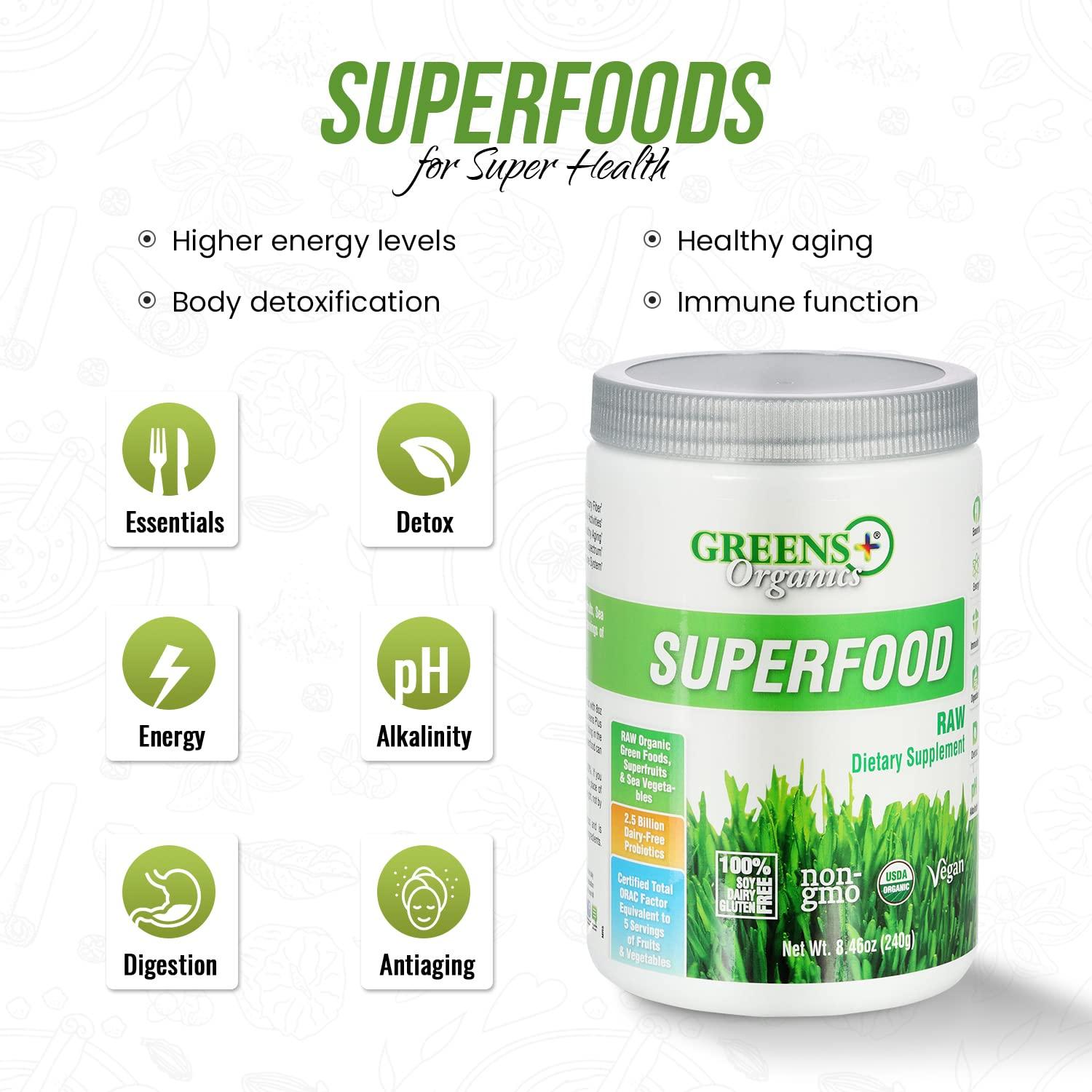 Greens+ Greens+ Organic RAW Superfood Powder, Super Blend Immune Support, Morning Kick, Energy Boost, Nutrition Vibrant Health, Dietary Supplement, Vegan Soy/Dairy/Gluten Free(8.46oz)