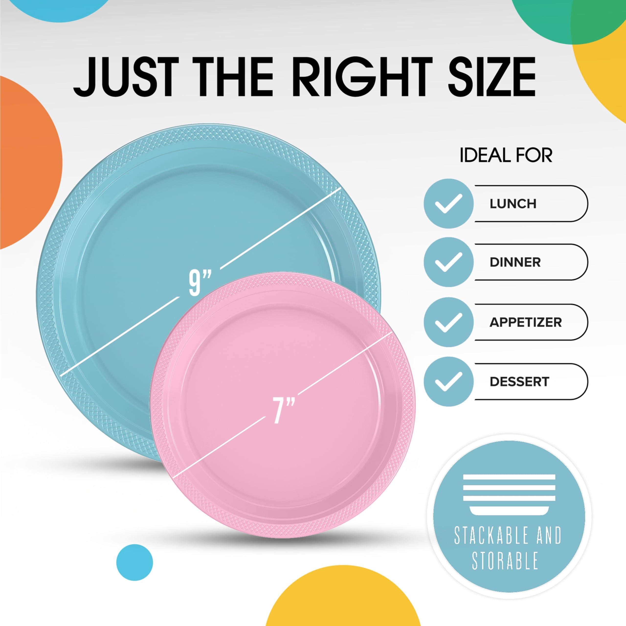 Exquisite Exquisite 9 & 7 Inch. Dinner Plate Combo 100 Pack Light Blue & Pink Plastic Plates Disposable, 50-7 Inch Dessert Plates & 50-9 Inch Dinner Plates Light Blue & Pink Plate Set Plastic Plates For Party