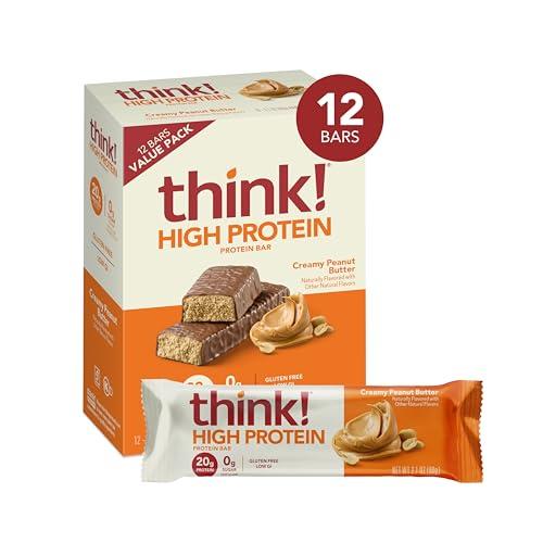 think! think! Protein Bars, High Protein Snacks, Gluten Free, Kosher Friendly, Creamy Peanut Butter, Nutrition Bars, 2.1 Oz per Bar, 12 Count (Packaging May Vary)