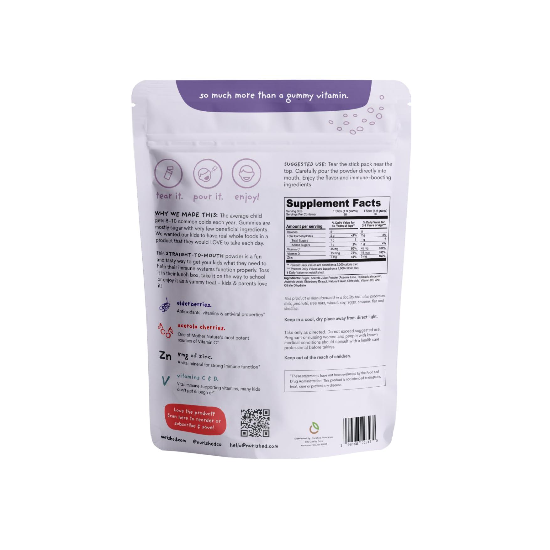 Nurished Nurished Kids Immune Booster with Elderberry, Acerola Cherry, Zinc, Vitamins C & D - Straight-to-Mouth Powder - 30 Servings - 2 Flavors