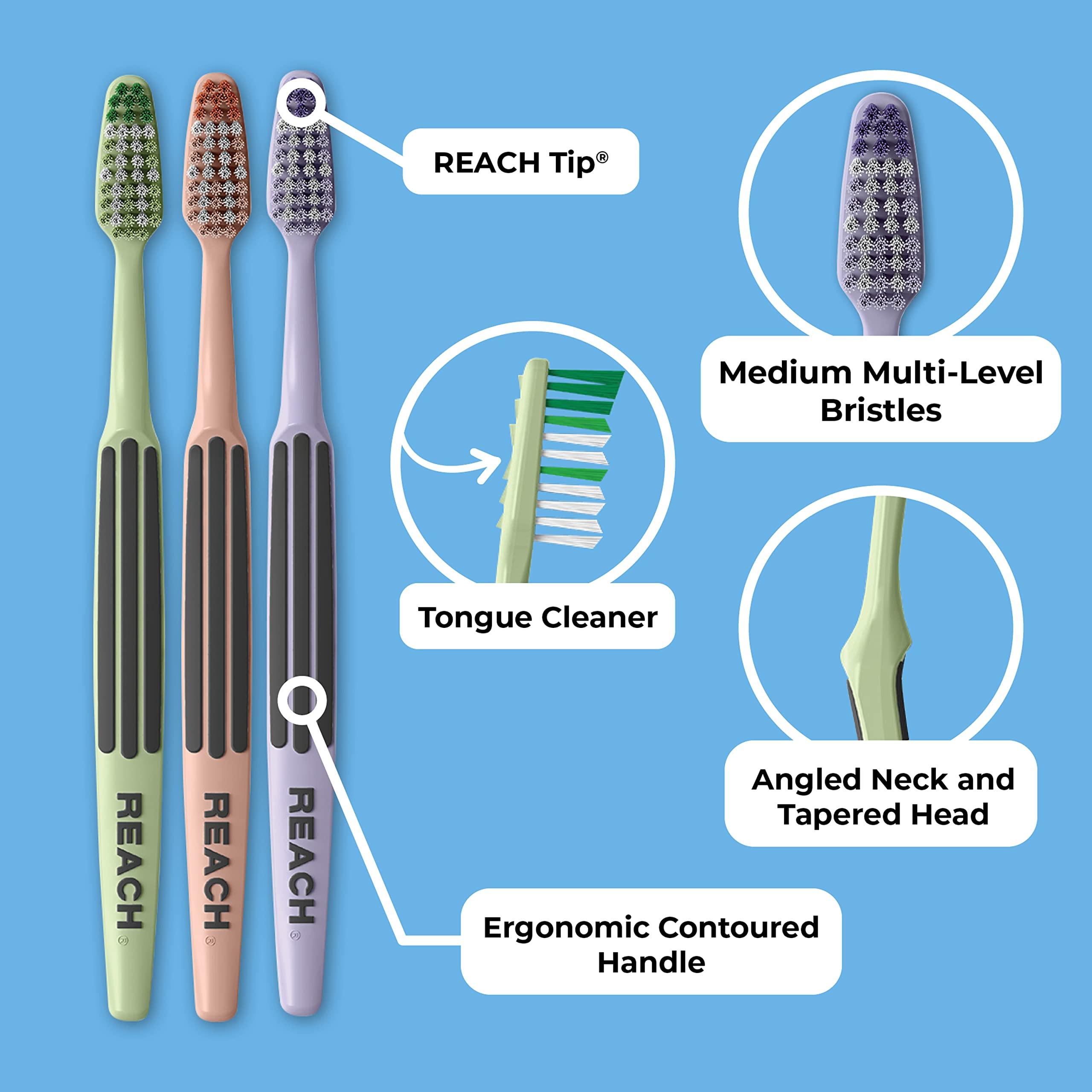 REACH REACH Advanced Design Toothbrush with Toothbrush Cap, Angled Neck, Medium Bi-Level Bristles, Contoured Handle, Tongue Scraper