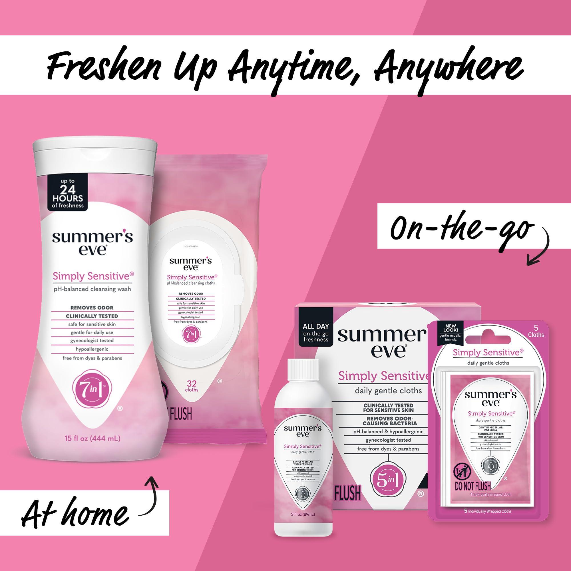 Summer's Eve Summer\'s Eve Simply Sensitive Daily Gentle All Over Feminine Body Wash, Removes Odor, Feminine Wash pH Balanced, Travel Size 3 fl oz, 24 Pack