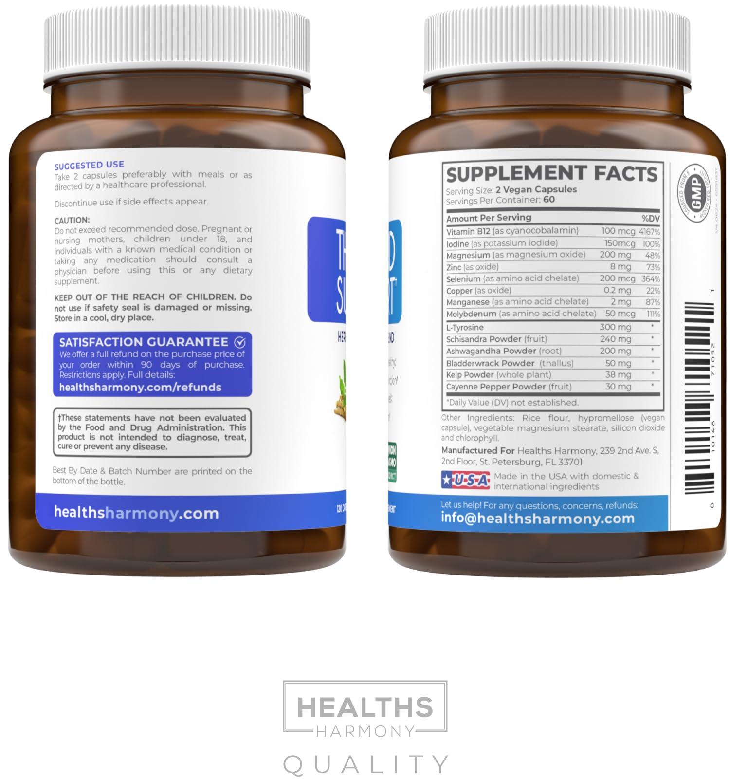 Healths Harmony Thyroid Support with Iodine - 120 Capsules (Non-GMO) Improve Your Energy - Ashwagandha Root, Zinc, Selenium, Vitamin B12 Complex - Thyroid Health Supplement for Women and for Men - 60 Day Supply