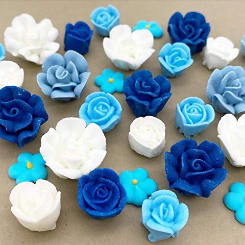 SIMPLY SUCRÉ 30 Azul Bloom Icing Flowers | Small Edible Flowers| Edible Roses| Blue Roses| White Icing Flowers | Sprinkles | Royal Icing Flowers | Blue Flowers | Blue Sprinkles | Simply Sucré