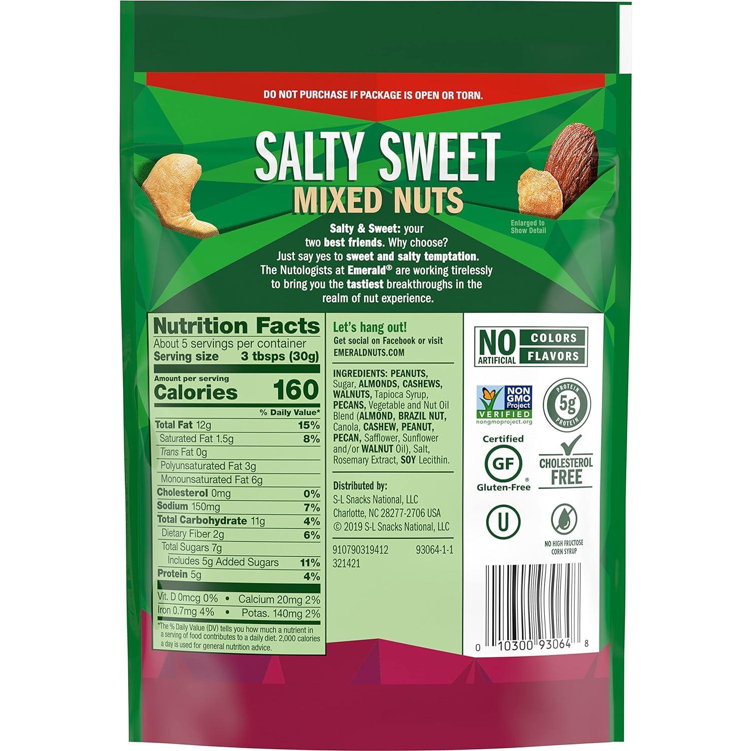 Emerald Emerald Nuts, Salty Sweet Mixed Nuts, Features Kettle Glazed Peanuts, Almonds, Cashews, Kettle Glazed Walnuts, Kettle Glazed Pecans, 5.5 Oz, Resealable Bag (Pack of 3)