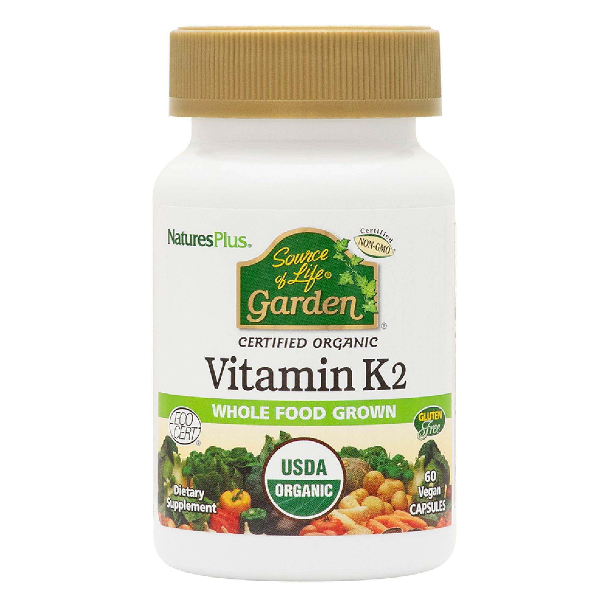 Nature's Plus NaturesPlus Source of Life Garden Vitamin K2-60 Vegan Capsules, Pack of 2 - Bone Support - Certified Organic, Non-GMO, Gluten Free - 120 Total Servings