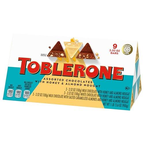 Toblerone Toblerone Chocolate Gift Box (Milk Chocolate, White Chocolate, & Milk Chocolate with Salted Caramelized Almonds Chocolate Bars), Valentines Day Chocolate Candy, 9 - 3.52 oz Bars