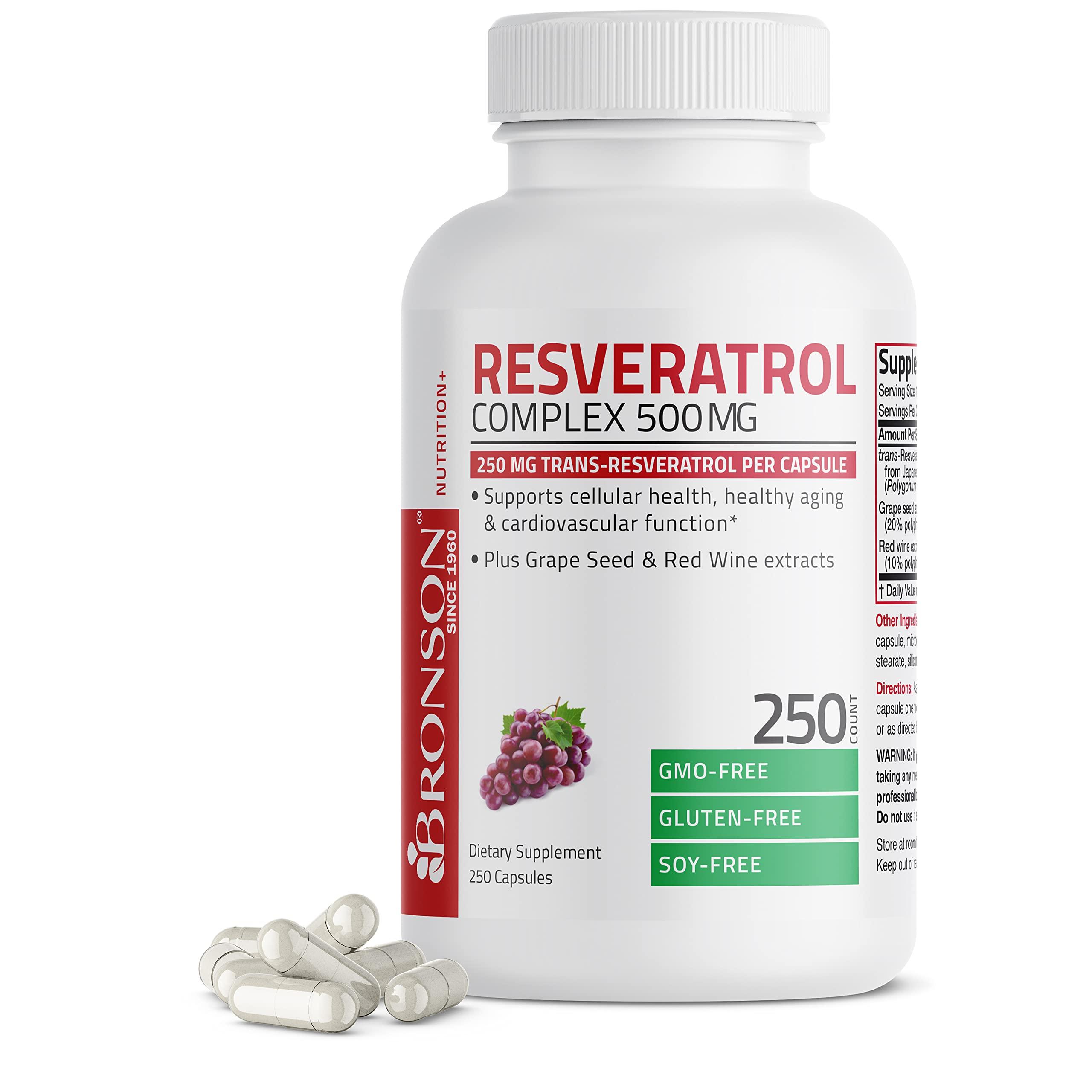 Bronson Bronson Resveratrol 500 Complex Standardized Trans-Resveratrol + Grape Seed & Red Wine Extract, 250 Capsules