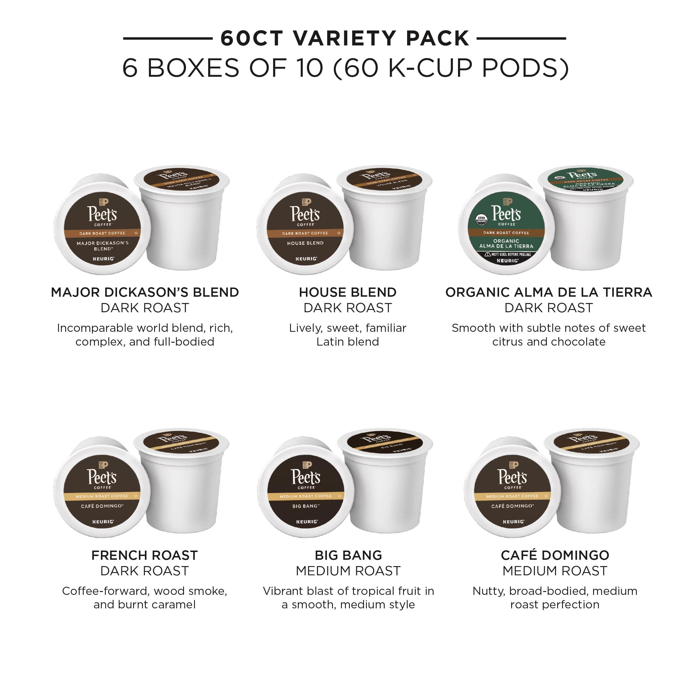 Peet's Coffee Peet\'s Coffee, Keurig K-Cup Pods Variety Pack - Major Dickason\'s Blend, Big Bang, French Roast, Caf Domingo, Organic Alma De La Tierra, House Blend, 60 Count (6 Boxes of 10 K-Cup Pods)