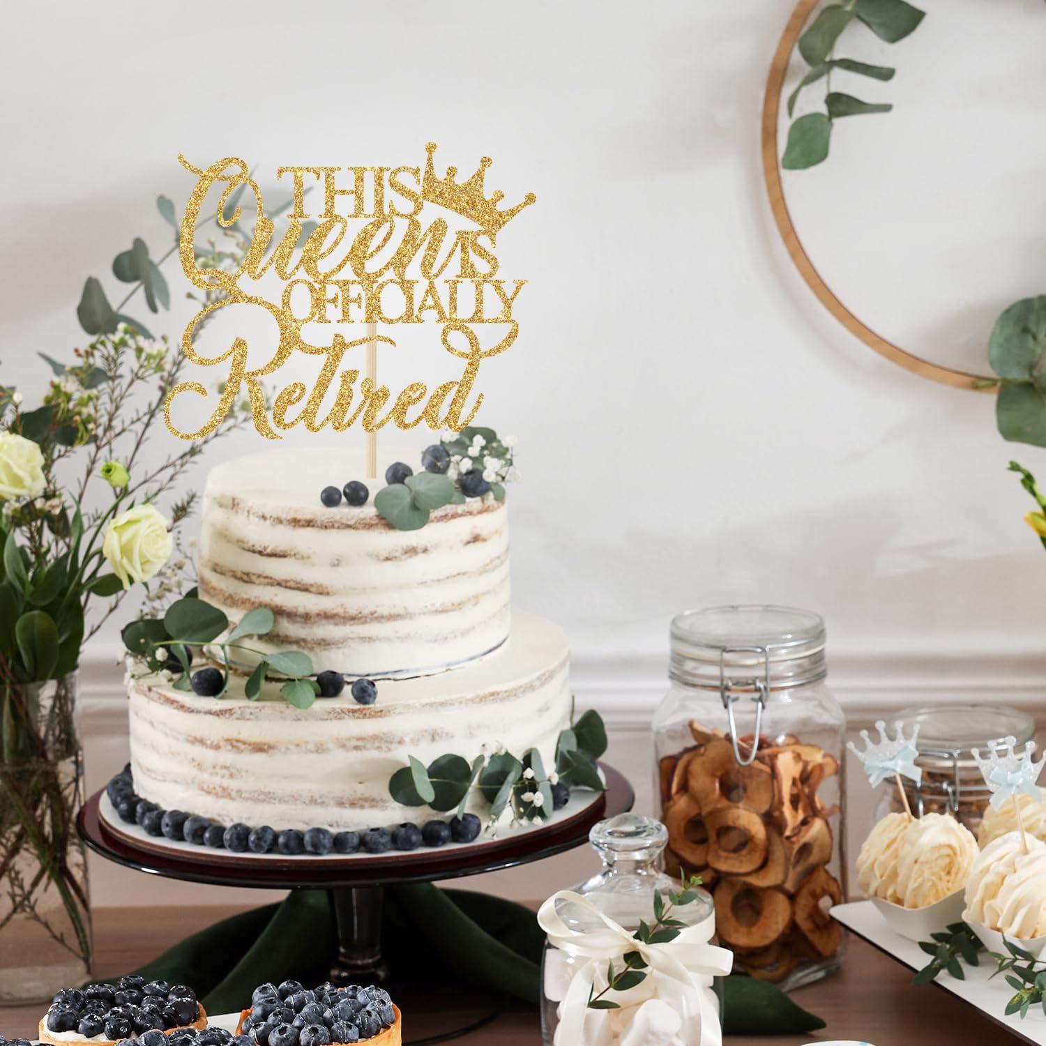 Jenrtvis Jenrtvis This Queen is Officially Retired Cake Topper, Retirement Cake Decorations for Women, The Queen Has Retired, Happy Retirement Party Decorations Gold Glitter