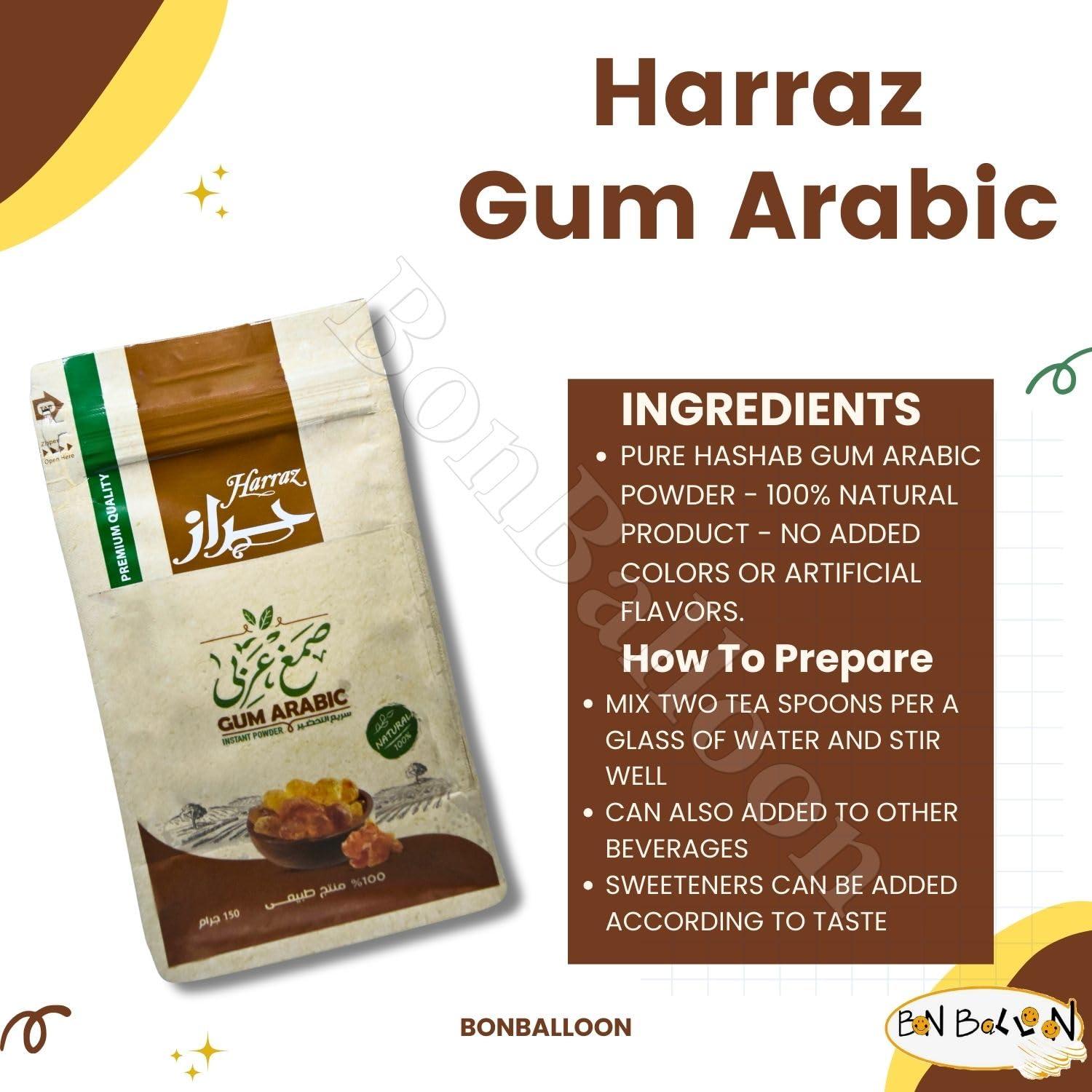 Egyptian Pure & Natural Instant Harraz Gum Powder Arabic Hashab Pure Premium Acacia Arab Arabian Dried Saracenic Sengalia Senegal Acacia Seyal Non Gmo & Vegan Halal Kosher (5.29 oz / 150 gm)