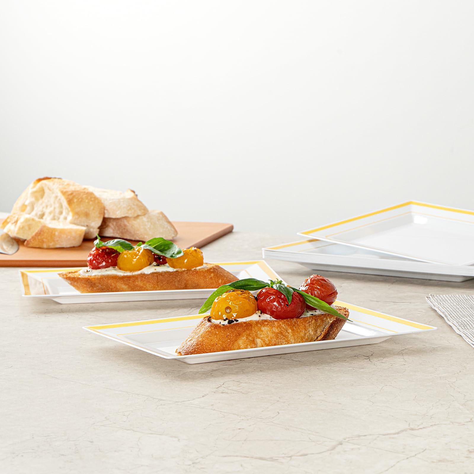 Restaurantware Restaurantware Moderna 7.5 x 5.3 Inch Premium Disposable Plates 10 Rectangular Plastic Plates For Parties - Gold-Rimmed Durable White Plastic Dinner Plates For Warm And Cold Foods