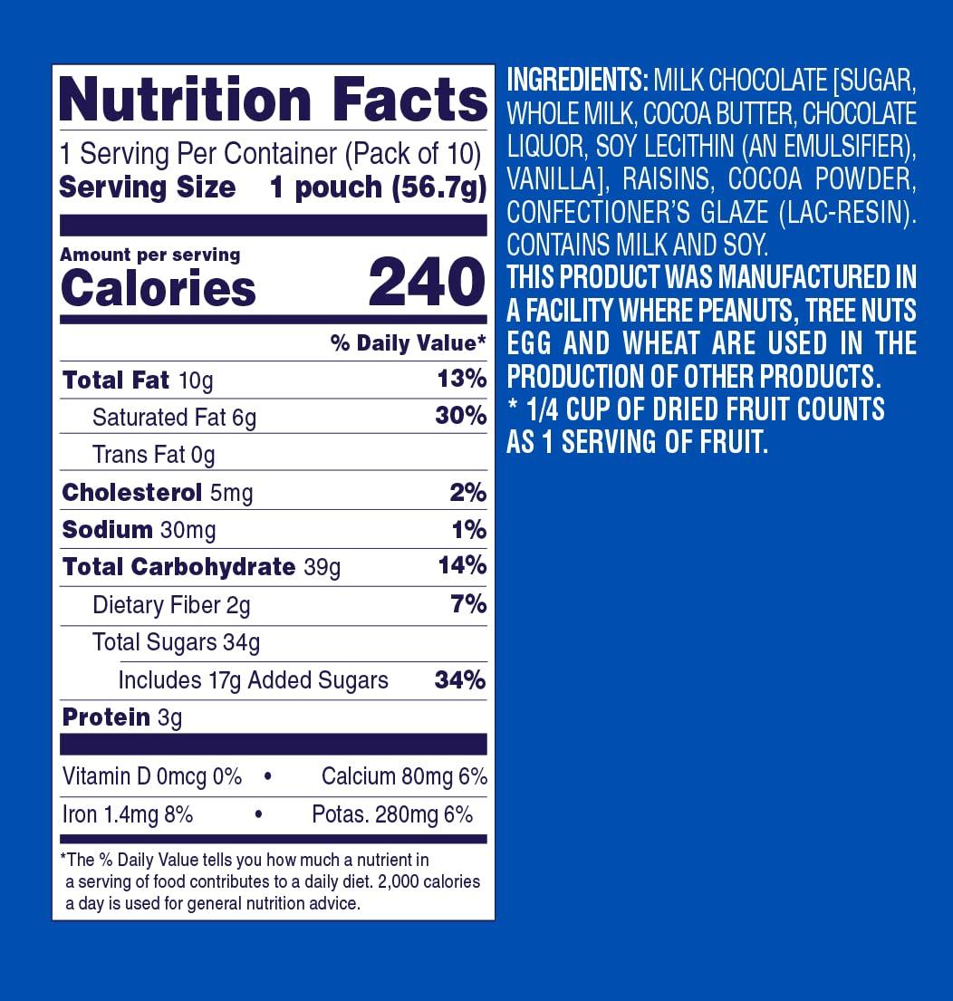 Sun-Maid Sun-Maid Pure Milk Chocolate Covered Raisins Snacks, Individual Single Serve Bags, 2 Oz, Pack of 10