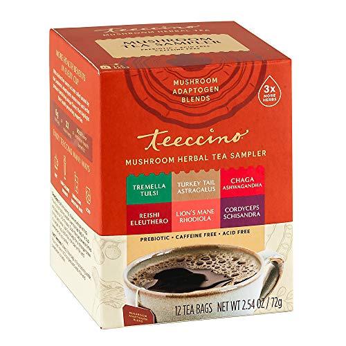 Teeccino Teeccino Mushroom Herbal Tea – Mushroom Adaptogen Tea Sampler – Support Your Health With Mushrooms and Adaptogenic Herbs, Prebiotic, Caffeine Free, Acid Free, 12 Tea Bags