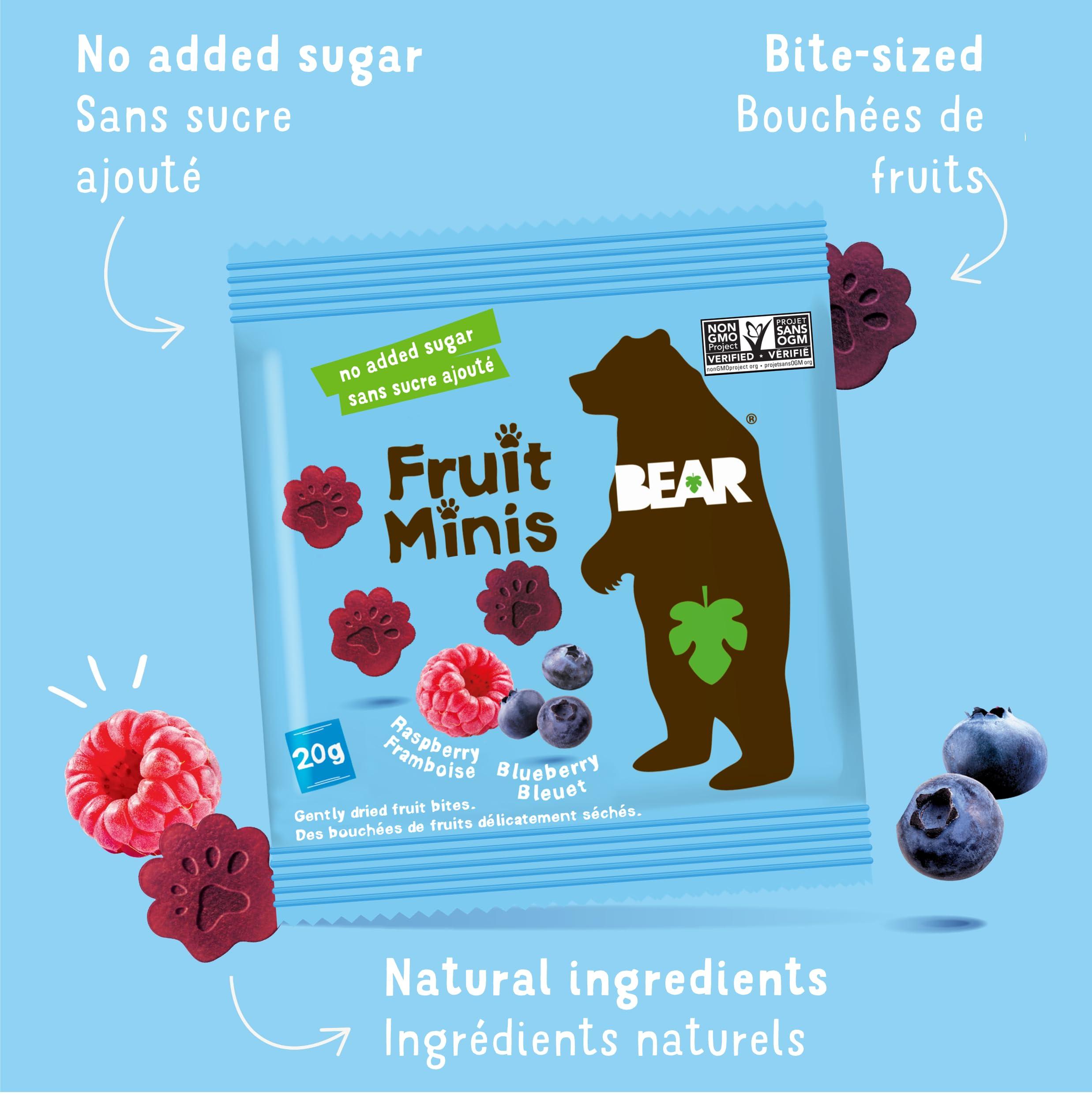 BEAR BEAR Real Fruit Snack Minis, Raspberry/Blueberry, No added Sugar, All Natural, Bite Sized Snacks for Kids, Non GMO, Gluten Free, Vegan, 0.7 Oz (Pack of 18)