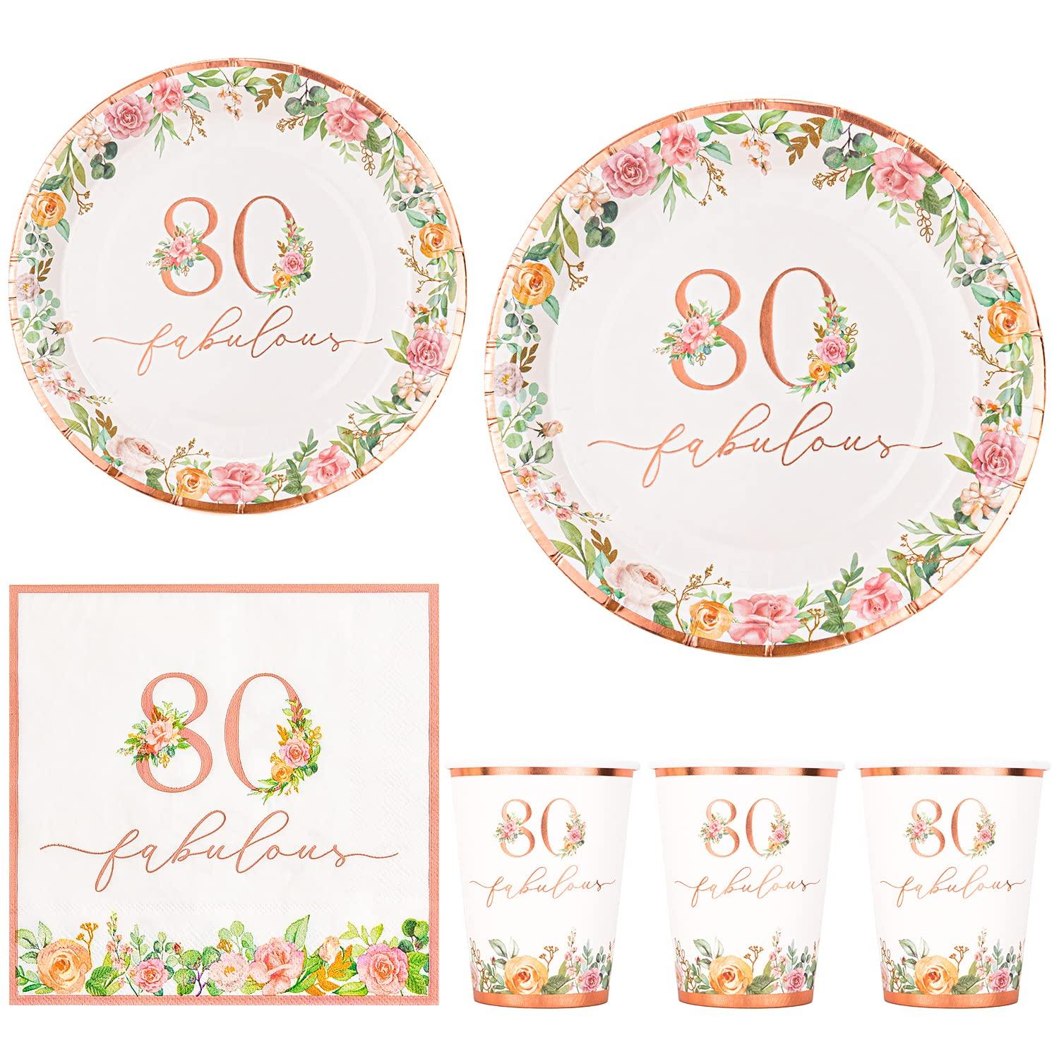 Crisky Crisky 80th Birthday Napkins and Plates for Women Rose Gold Floral Party Decoration, 80 and Fabulous Plates and Napkins for Women 80th Birthday.