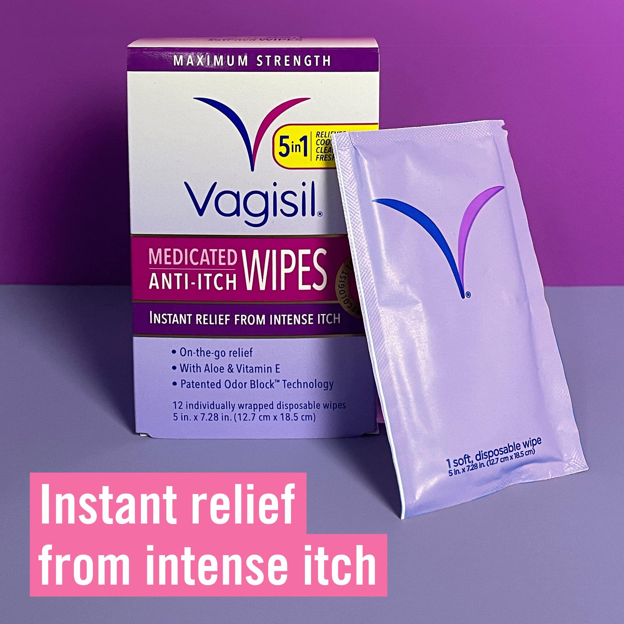 Vagisil Vagisil Maximum Strength Feminine Anti-Itch Cream with Benzocaine for Women & Anti-Itch Medicated Feminine Intimate Wipes for Women, Maximum Strength, Gynecologist Tested, 12 Wipes