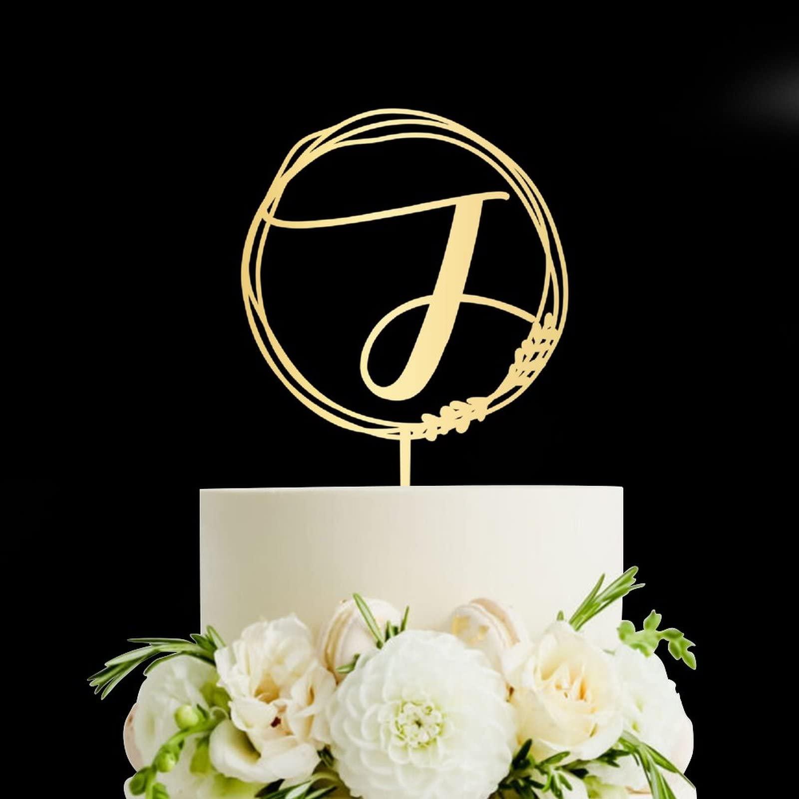 Vinisong Personalized Letter J Cake Topper, Vinisong Rustic Wedding Cake Topper Initial Cake Topper Monogram Cake Topper Wreath Design Cake Decoration Gold Acrylic Cake Decor Party Decoration