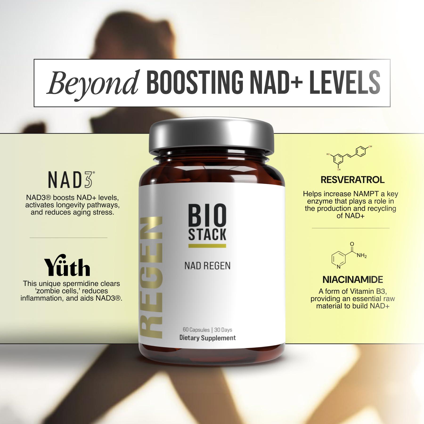 BIOSTACK BIOSTACK NAD Regen, NAD+ Supplement for Anti-Aging, Natural Energy, Cell Regeneration & Brain, Boosts Nicotinamide Riboside, Vegan Friendly NAD Supplement with Resveratrol (60 Capsules)