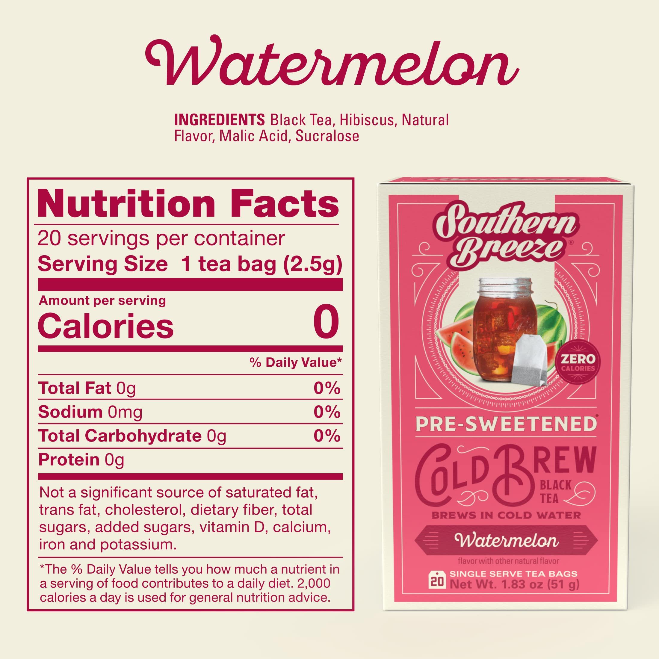 Southern Breeze Southern Breeze Cold Brew Sweet Tea Watermelon Iced Tea with Black Tea and Zero Carbs Zero Sugar, 20 Individually Wrapped Tea Bags (Pack of 2) Southern Sweet Tea Iced Tea Beverage