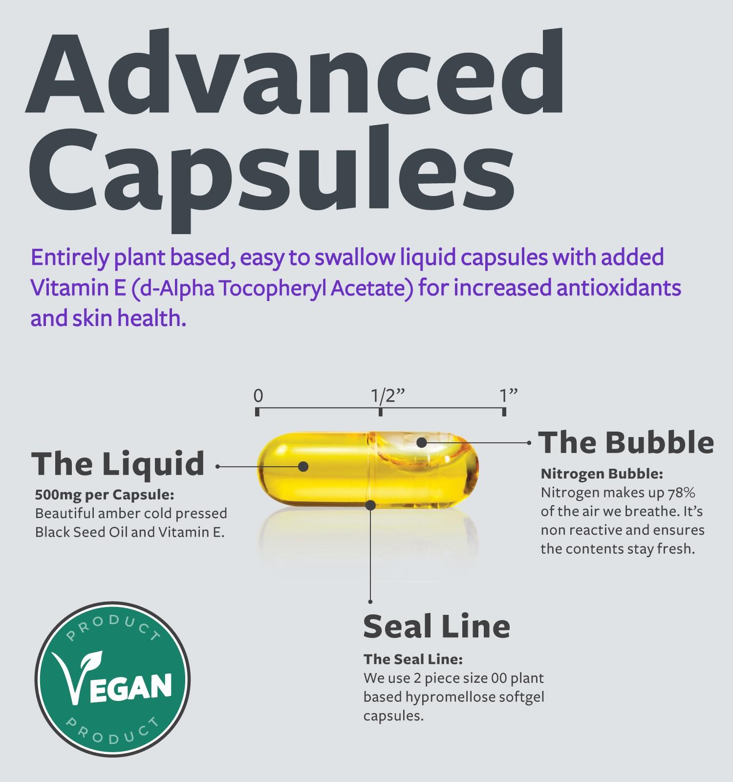 Healths Harmony Black Seed Oil - 180 Softgel Capsules (Non-GMO & Vegan) Premium Cold-Pressed Nigella Sativa Producing Pure Black Cumin Seed Oil with Vitamin E - 500mg Each, 1000mg Per 2 Capsule Serving