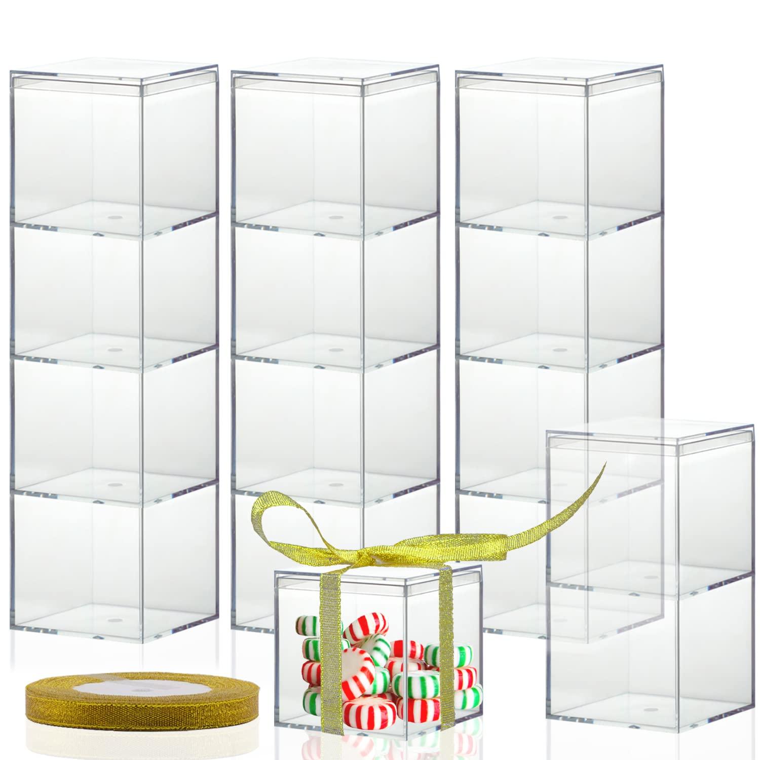 Lainrrew Clear Plastic Square Cube,15 Pack Small Acrylic Plastic Storage Box with Lids Transparent Clear Square Containers Display Boxes Gift Box with Glitter Ribbon for Candy Pill Jewelry Christmas (1.8 Inche