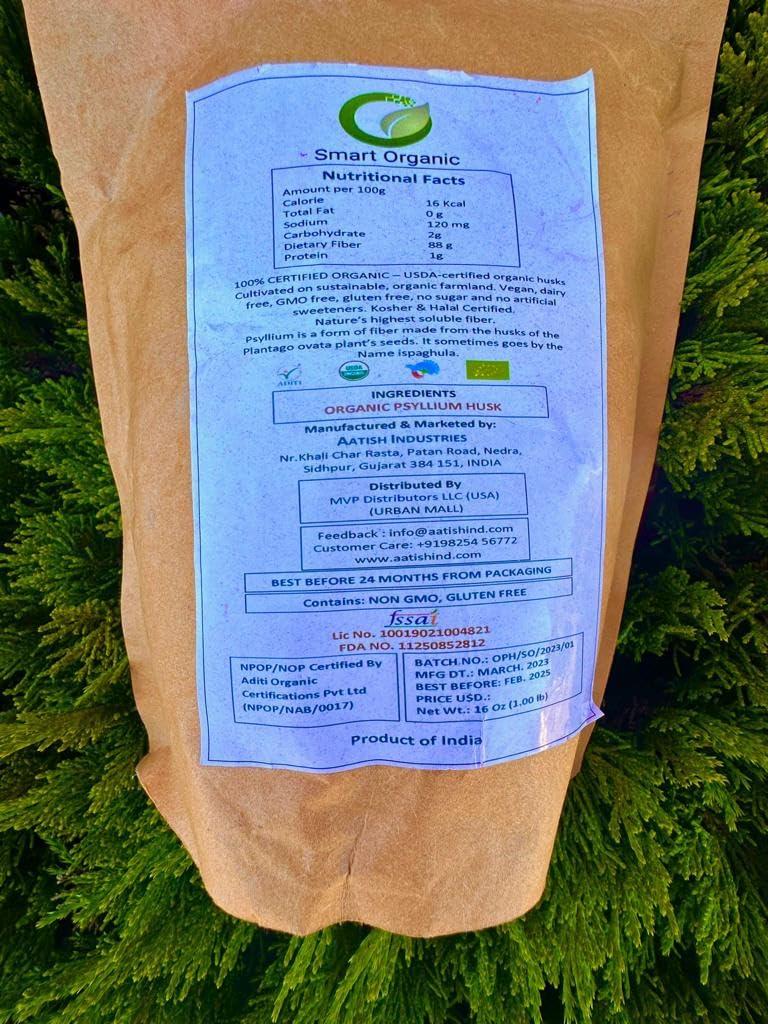 Smart Organic Smart Organic, Organic Psyllium Husk, Keto Friendly, Vegan, Gluten-Free, USDA Certified Organic, Non-GMO, Soluble & Insoluble Fiber Source 16 Ounce (16 oz)
