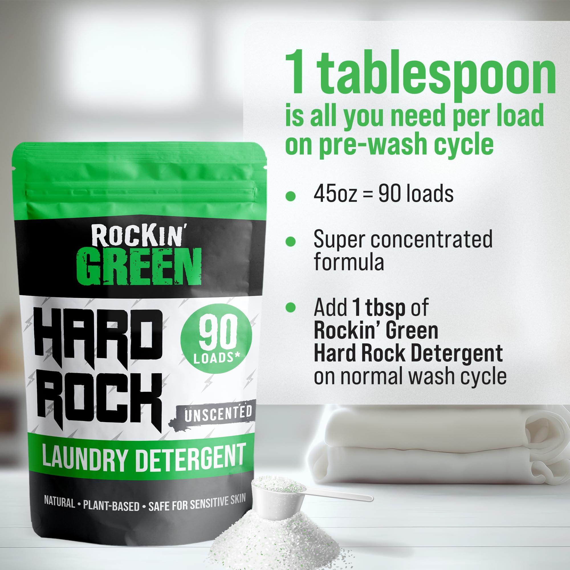 Rockin' Green Rockin\' Green Hard Rock Laundry Detergent for Hard Water (90 Loads), Plant based, Natural Laundry Detergent Powder, Biodegradable Odor Fighter, Safe for Sensitive Skin, 45 oz (Unscented)