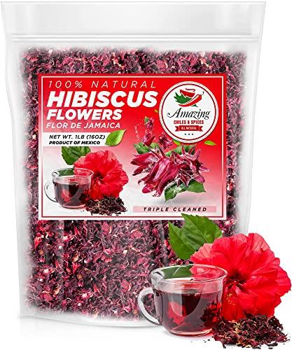 Amazing Chiles & Spices Hibiscus Flowers 2lb (32oz) – All Natural, Triple Cleaned - Whole Soft Flowers and Petals - Flor de Jamaica. Great for Hot or Iced Tea and Agua Fresca. By Amazing Chiles and Spices