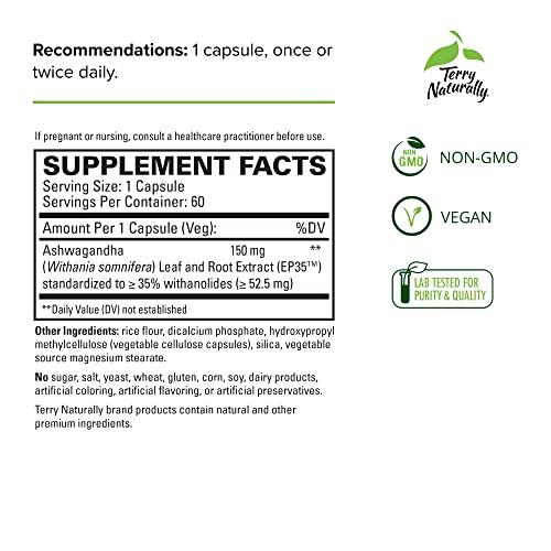 Terry Naturally Terry Naturally Ashwagandha EP35 Extra Strength - 60 Capsules - Powerful Adaptogen - Non-GMO, Vegan - 60 Servings