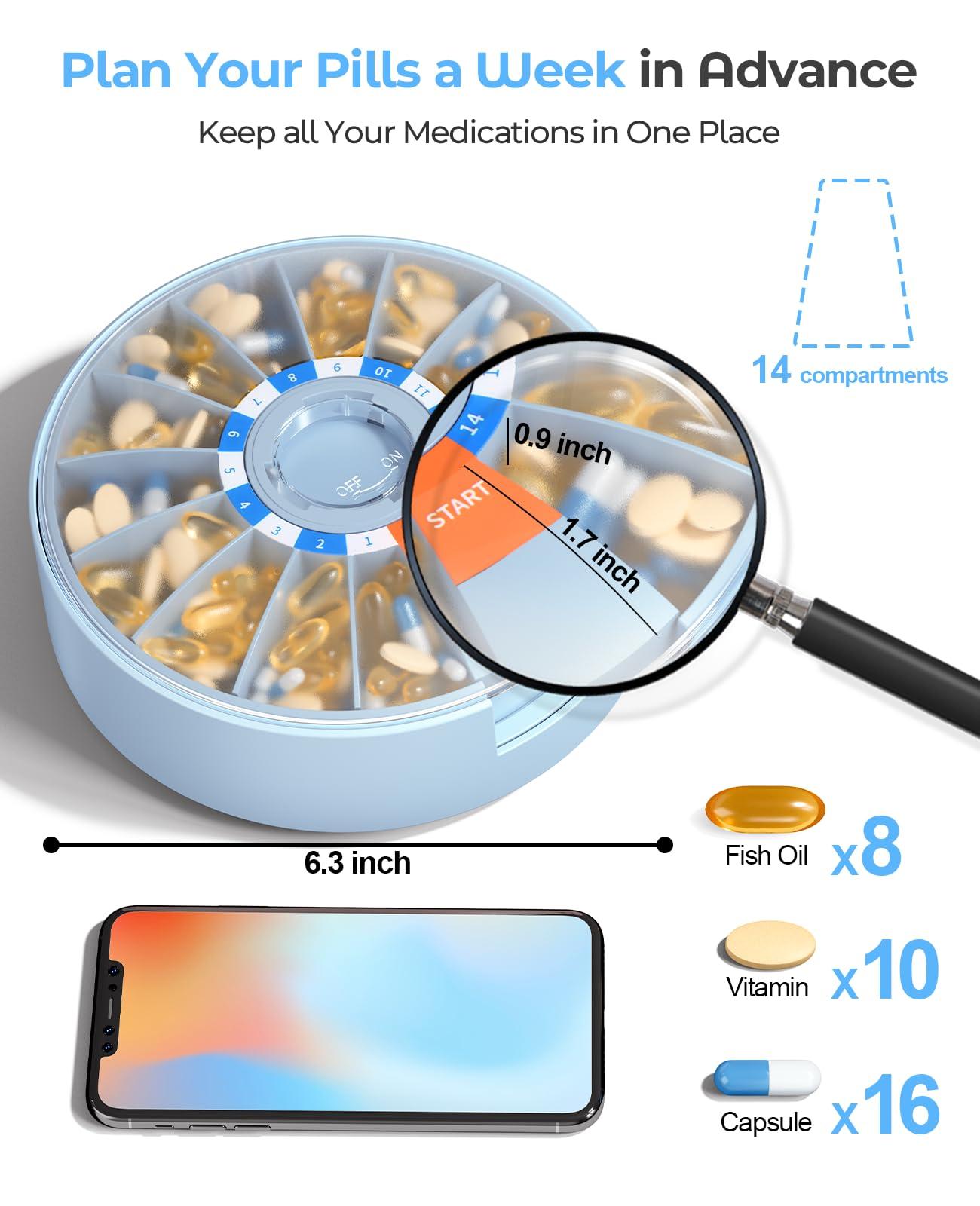 Daviky Daviky Pill Dispenser Daily, Large Pill Organizer with Wall-Mounted or Standing Use, 14 Days Pill Container, Push Button Design, Weekly Pill Box for Vitamin, Medicine,Supplement, Fish Oil(Blue)