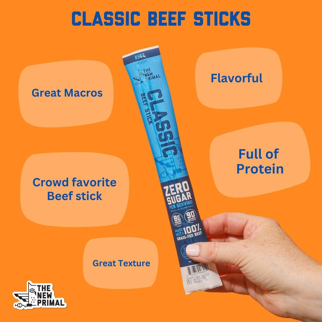 The New Primal The New Primal Grass Fed Beef Sticks, Keto, Gluten Free Healthy Snacks for Adults, Sugar Free Low Carb High Protein Snack, Paleo Whole30 Jerky Meat Stick, 8g Protein, 5 Pack